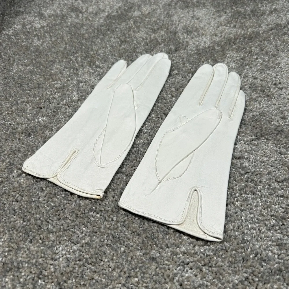 Vintage White Leather Dress Gloves Mid Length Decorative‎ Stitching Size 7.75